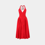 Red halter V-neck maxi dress with gathered waist and flared skirt