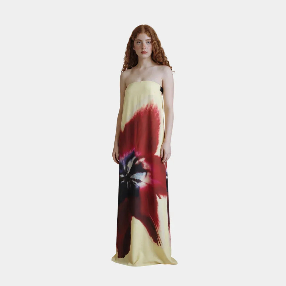 Strapless maxi dress with red, black, and cream abstract floral print