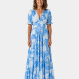 Sky blue floral long dress with V-neck, short puff sleeves, tiered maxi skirt