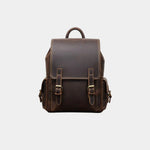 Dark brown leather backpack with front flap and two buckle straps