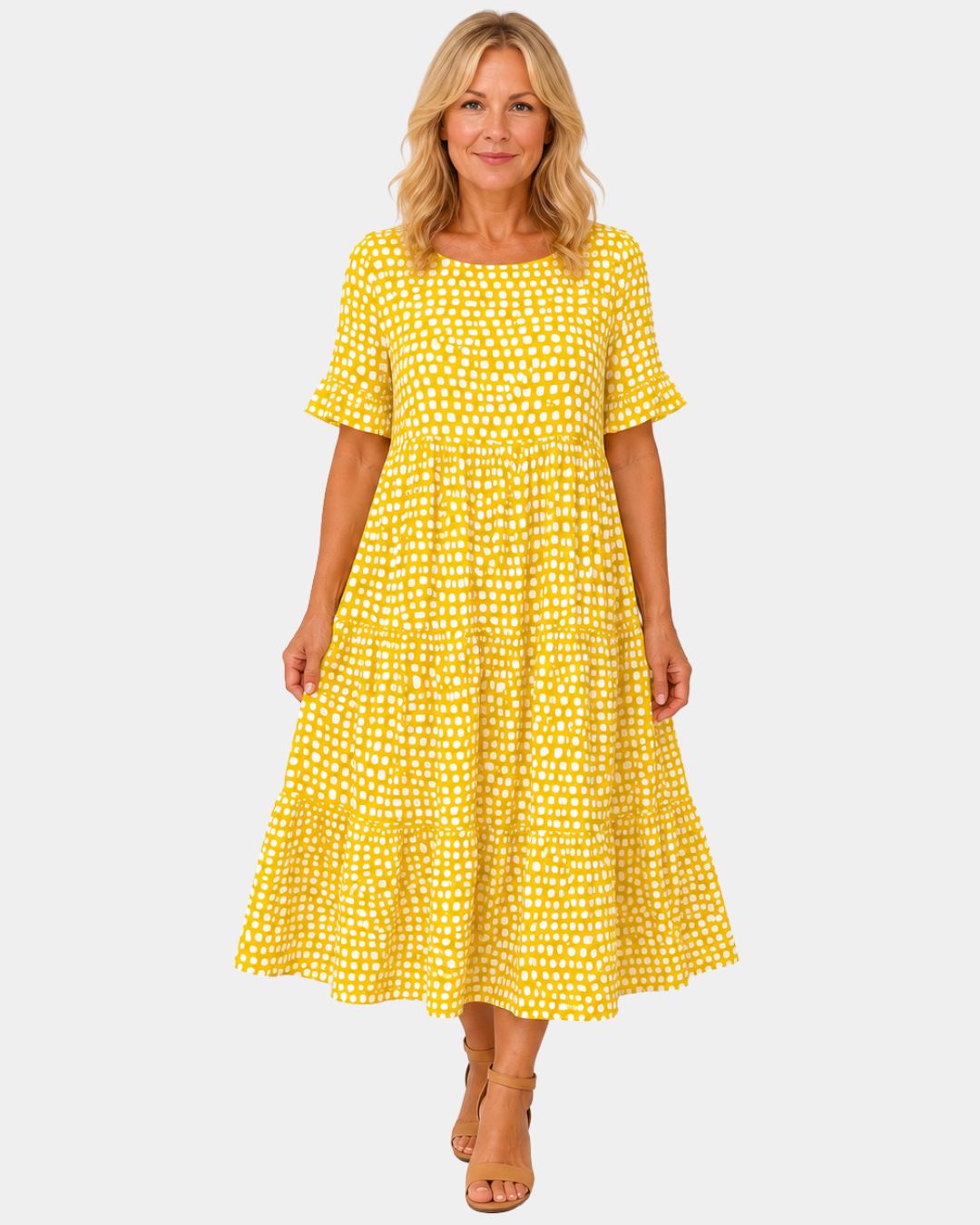 Yellow polka dot lightweight dress with short sleeves and gathered waist