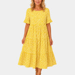Yellow polka dot lightweight dress with short sleeves and gathered waist