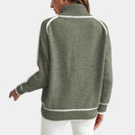 Back view olive high-neck sweater with white trim and ribbed hem and cuffs