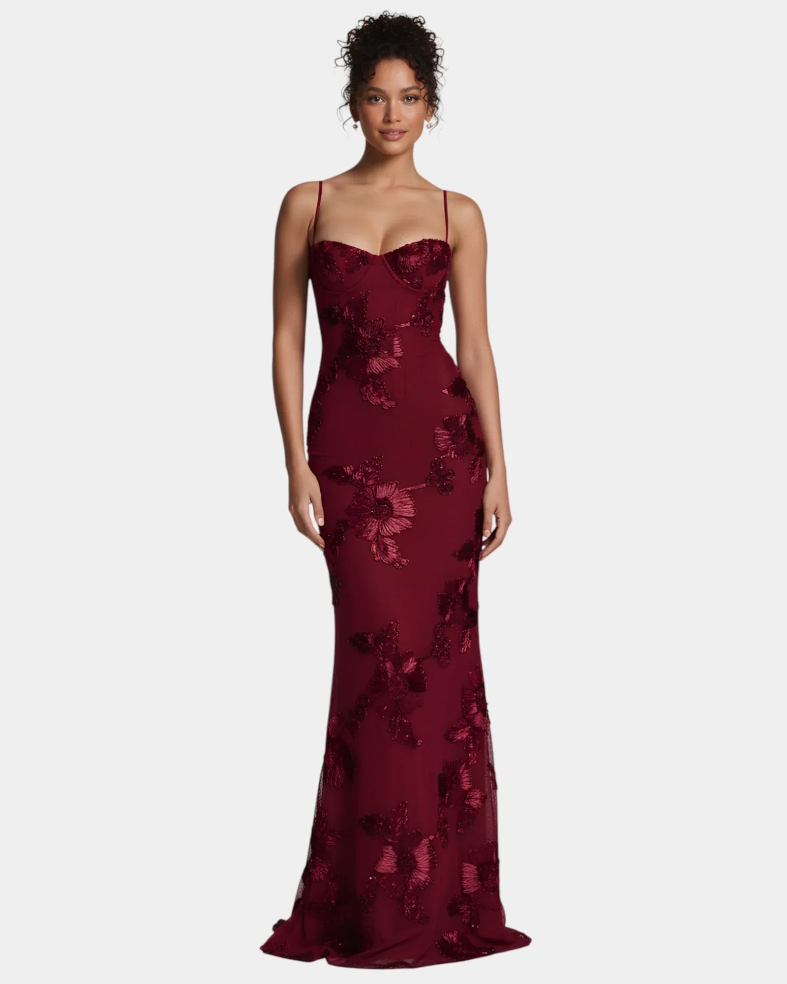 Marsala sequin evening gown with spaghetti straps and sweetheart neckline