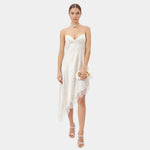 Women's white satin slip dress with lace-trim asymmetric hem