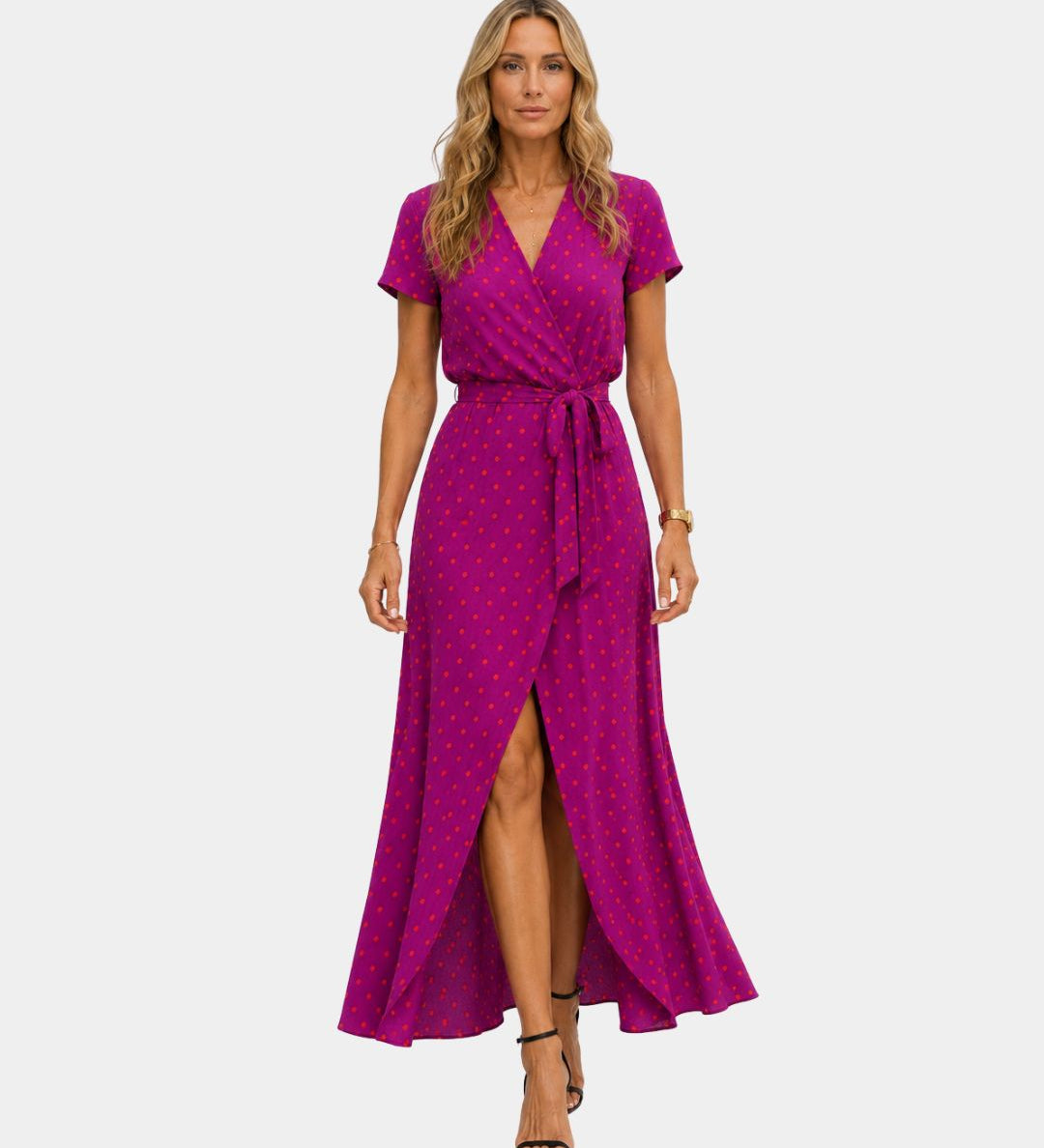 Women's wrap V-neck midi dress, short sleeves, plum purple dot print, front slit