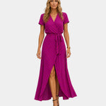 Women's wrap V-neck midi dress, short sleeves, plum purple dot print, front slit