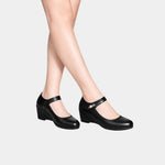 Black soft leather Mary Jane shoes with ankle strap and low chunky heel