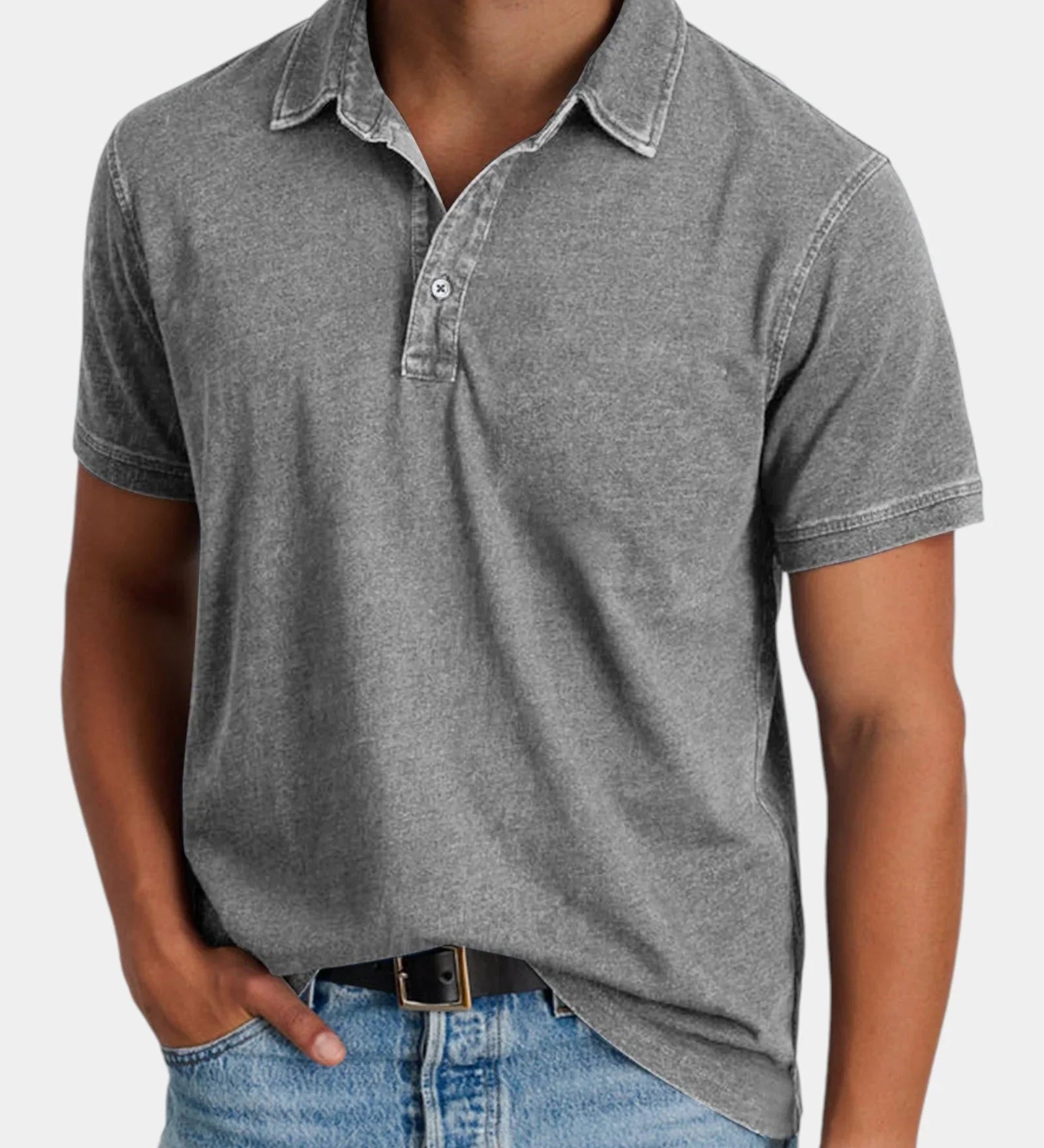 Gray classic polo shirt with short sleeves, button placket, and collared neckline