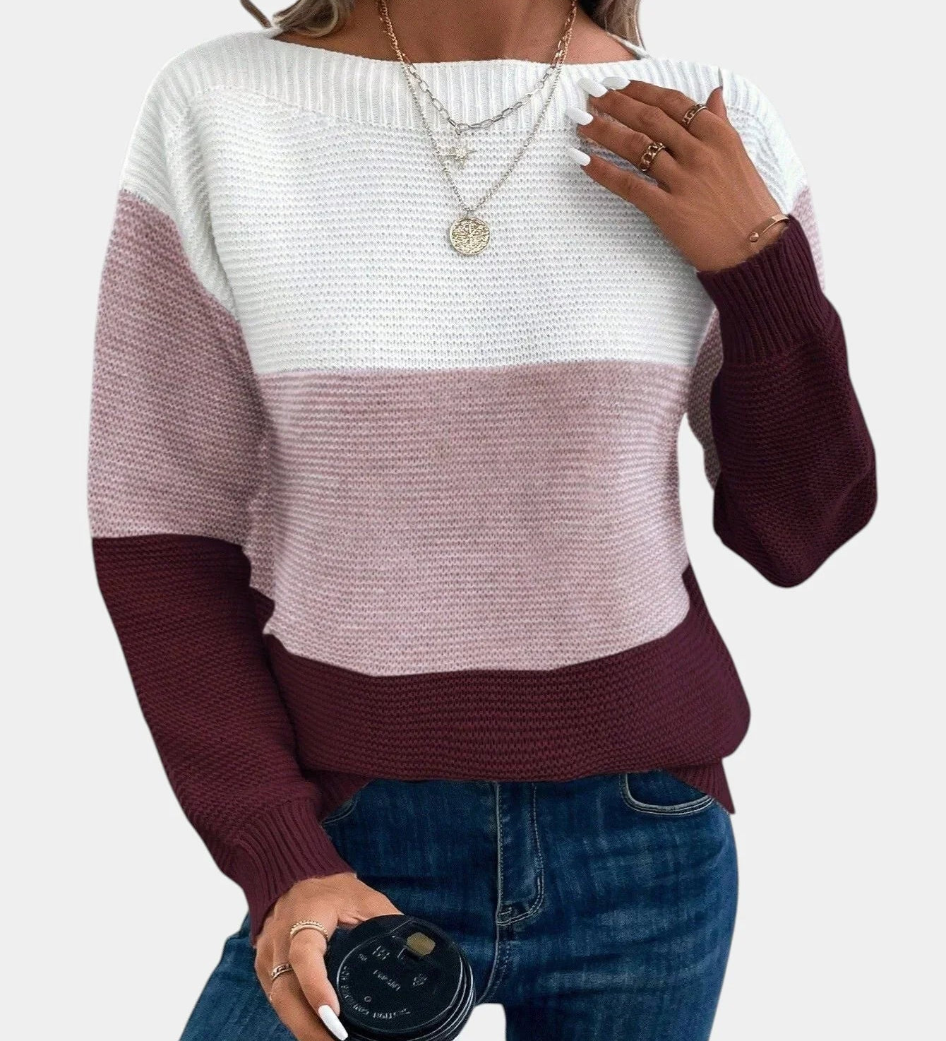 Two-tone knit pullover with crew neck and long sleeves, white to burgundy gradient