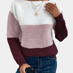 Two-tone knit pullover with crew neck and long sleeves, white to burgundy gradient