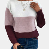 Two-tone knit pullover with crew neck and long sleeves, white to burgundy gradient