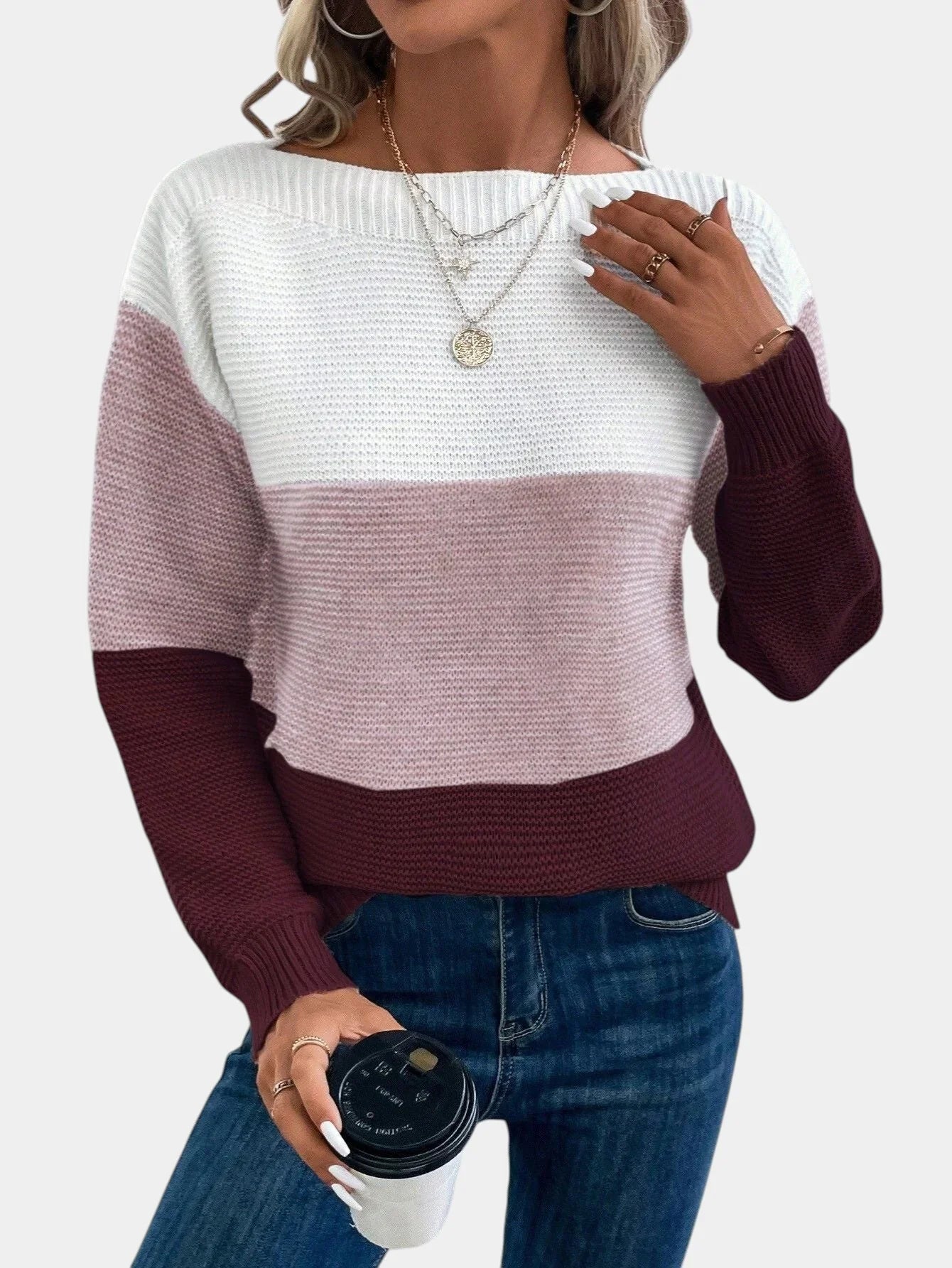 Two-tone knit pullover with crew neck and long sleeves, white to burgundy gradient