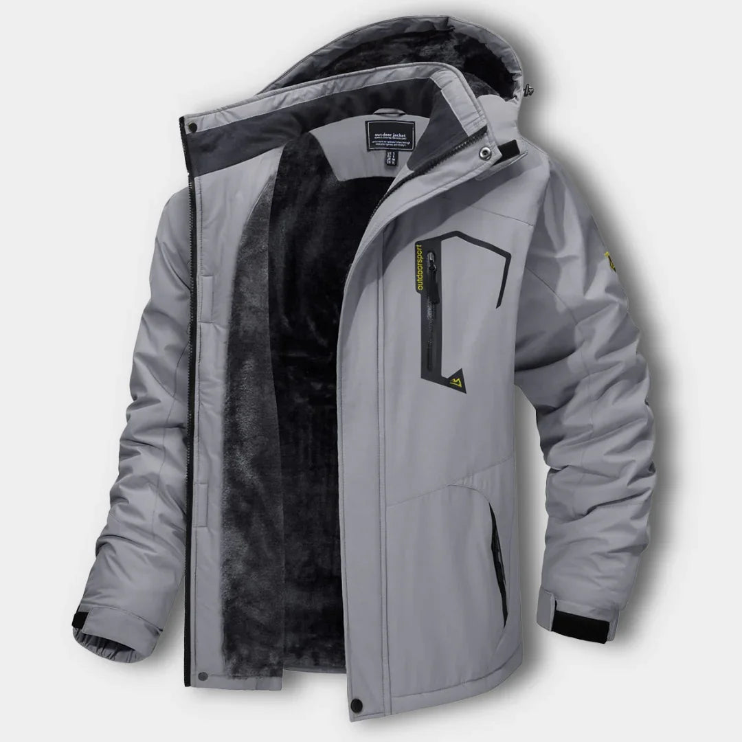 Light gray winter jacket with hood and zip front, showing dark inner fleece layer