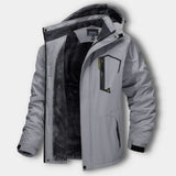 Light gray hooded waterproof winter jacket with full zipper and dark inner lining panel