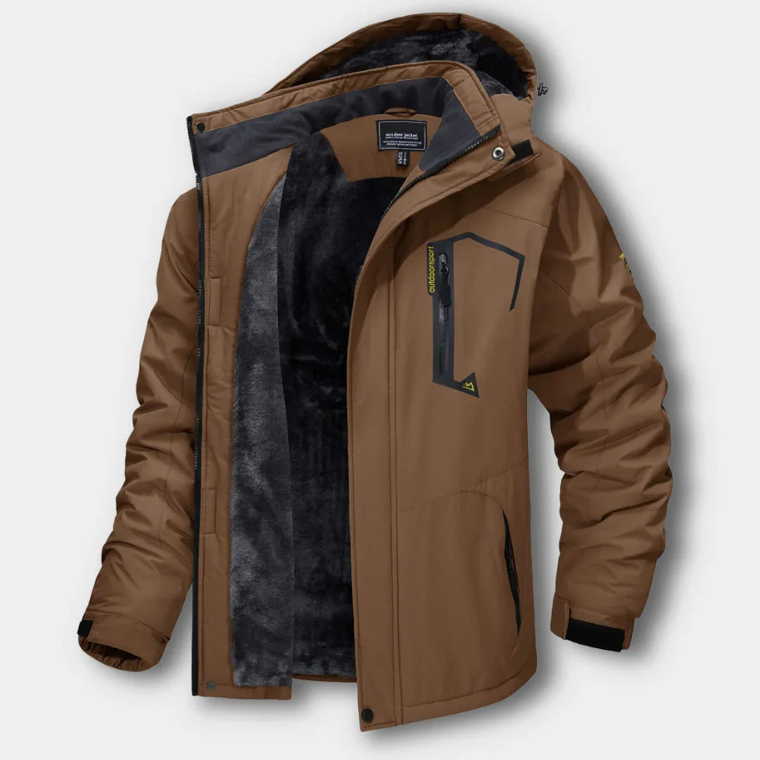 Brown windproof winter jacket with hood, full zipper, and contrasting inner lining