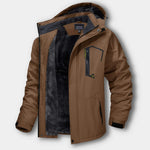 Brown windproof winter jacket with hood, full zipper, and contrasting inner lining