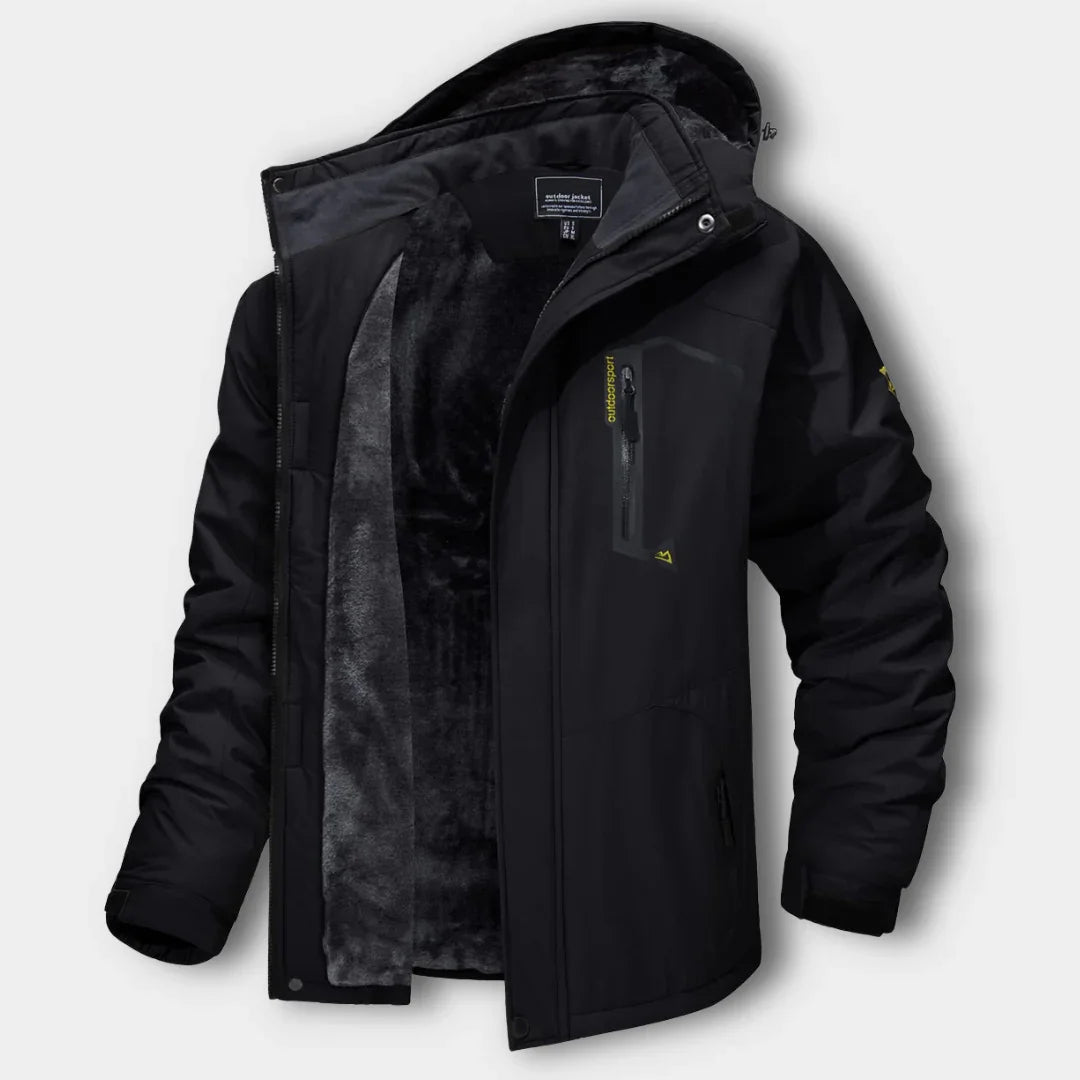 Black hooded waterproof winter jacket with zip front and darker inner lining panel
