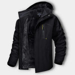 Black hooded waterproof winter jacket with zip front and darker inner lining panel