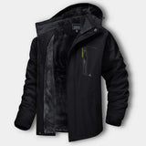 Black hooded waterproof winter jacket with zip front and darker inner lining panel