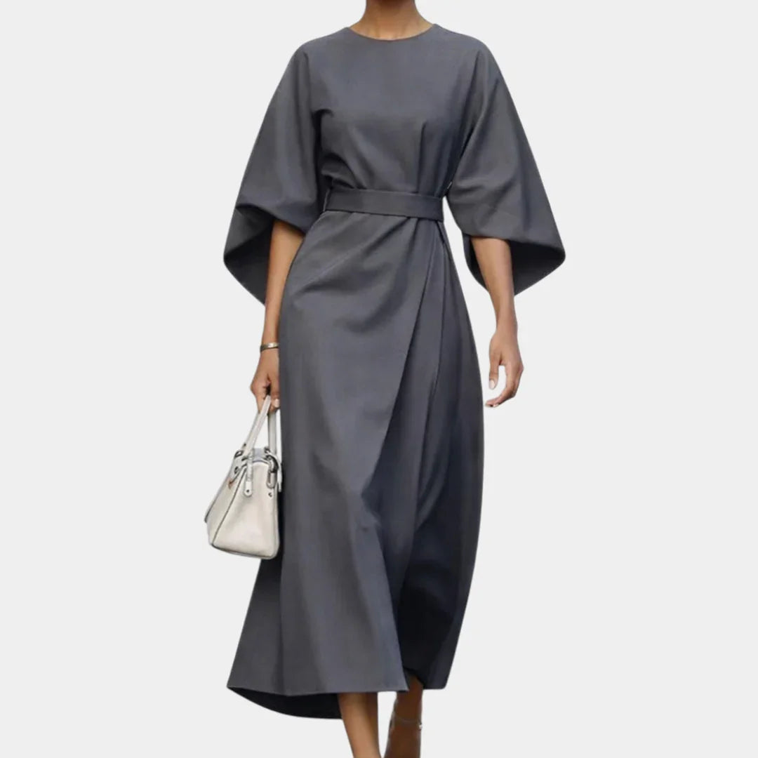 Gray maxi dress with kimono sleeves and waist tie belt, draped wrap-style skirt