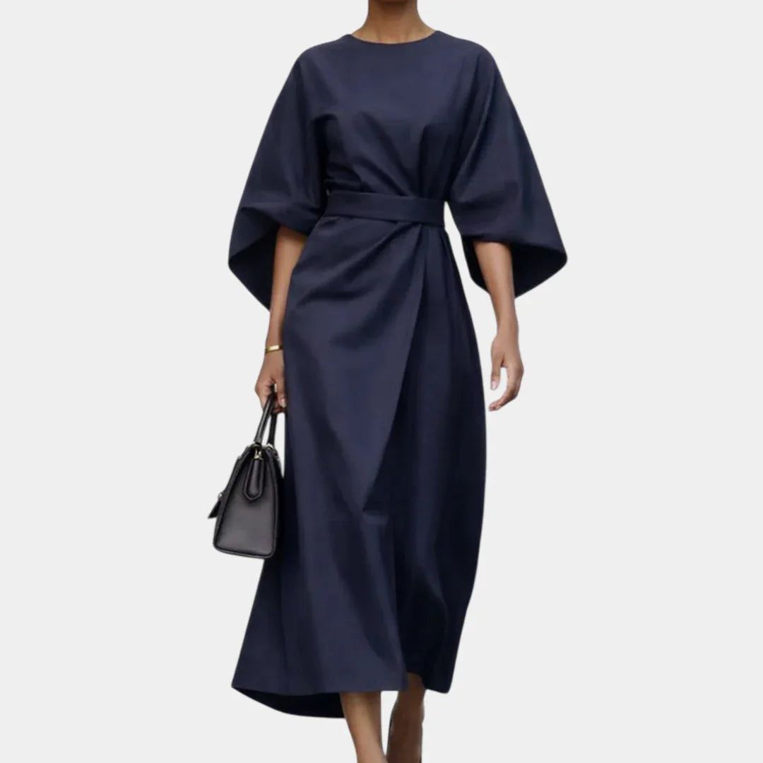Navy blue maxi dress with kimono sleeves and waist tie belt, draped wrap-style skirt