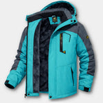 Turquoise waterproof winter jacket with black fleece lining, zip front, and hood