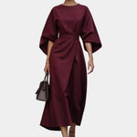 Burgundy maxi dress with kimono sleeves and waist tie belt, draped wrap-style skirt