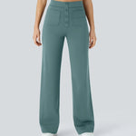 Teal elastic-waist wide-leg pants with button-front and front patch pockets