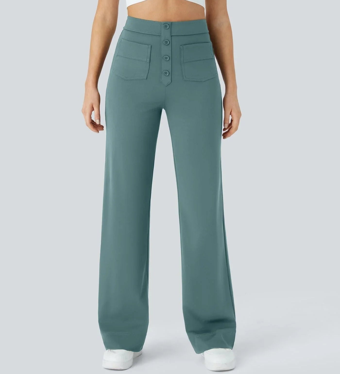 Teal elastic-waist wide-leg pants with button-front and front patch pockets