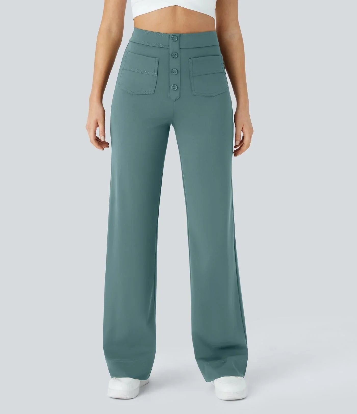 Teal elastic-waist wide-leg pants with button-front and front patch pockets