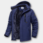 Navy blue hooded waterproof winter jacket with zip front and darker inner lining
