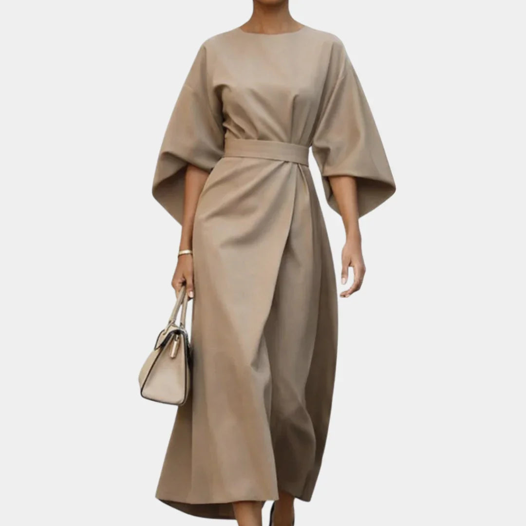 Khaki maxi dress with kimono sleeves and waist tie belt, draped wrap-style skirt