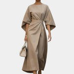 Khaki maxi dress with kimono sleeves and waist tie belt, draped wrap-style skirt