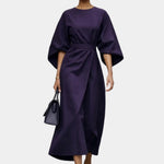 Purple maxi dress with kimono sleeves and waist tie belt, draped wrap-style skirt