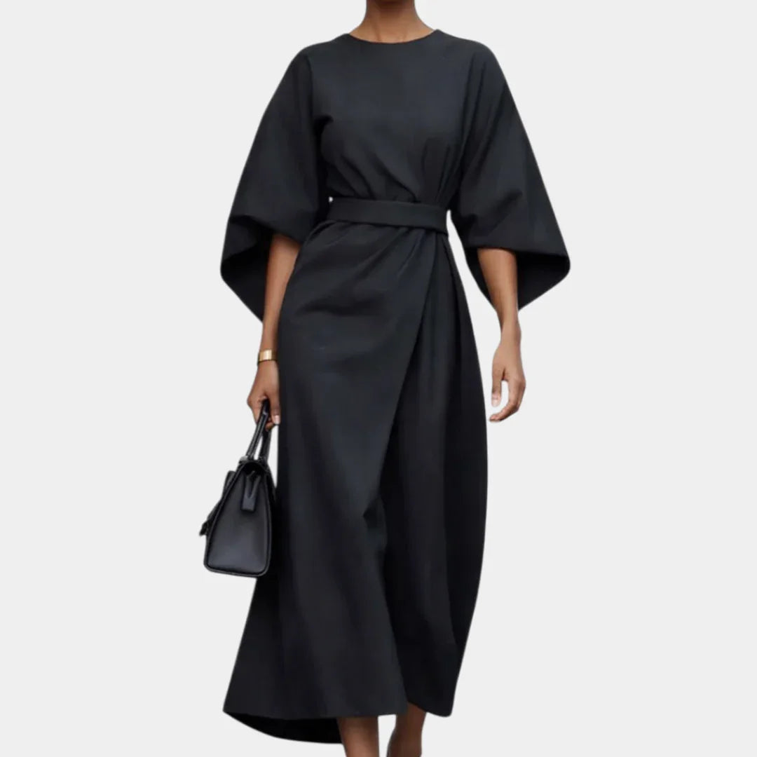 Black maxi dress with kimono sleeves and waist tie belt, draped wrap-style skirt