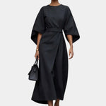 Black maxi dress with kimono sleeves and waist tie belt, draped wrap-style skirt