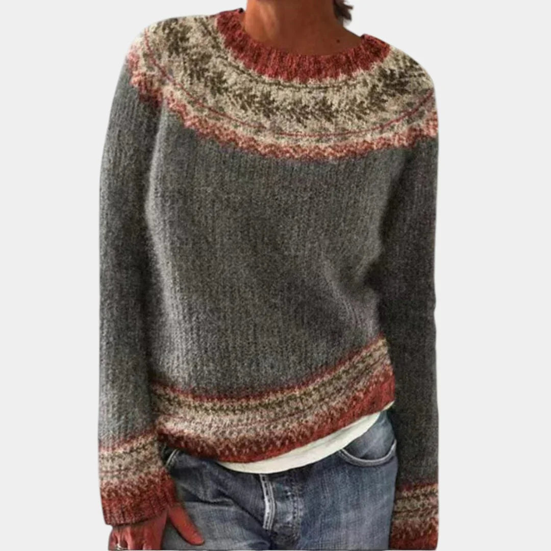 Gray knit sweater with speckled yoke and rust stripe bands, crew neck, long sleeves