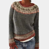 Gray knit sweater with speckled yoke and rust stripe bands, crew neck, long sleeves