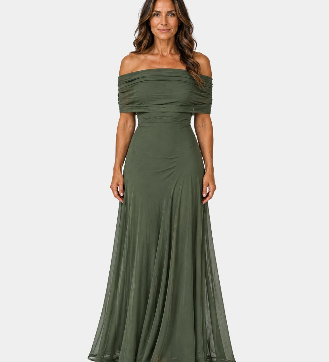 Olive green off-shoulder maxi dress with fitted bodice and flowing chiffon skirt