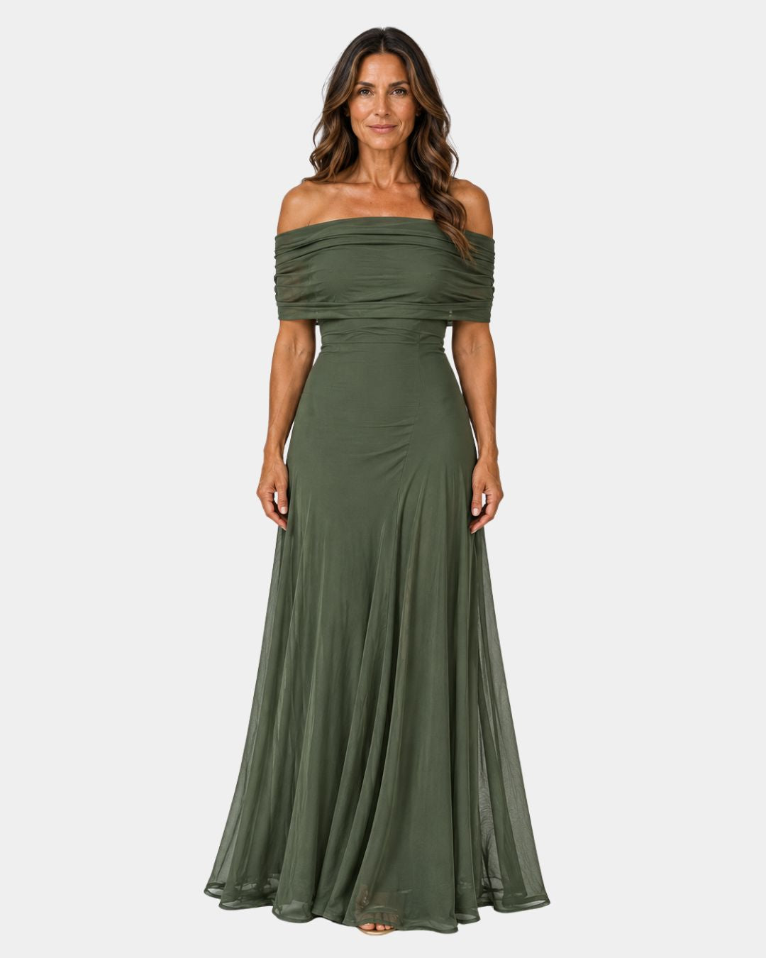 Olive green off-shoulder maxi dress with fitted bodice and flowing chiffon skirt