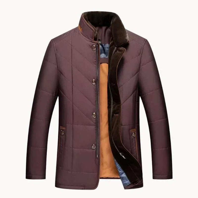 Burgundy quilted winter jacket with snap front, brown trim, and plaid-lined interior