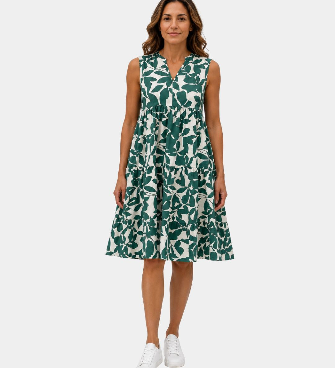 Green sleeveless V-neck leaf-print dress with tiered ruffle skirt