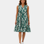 Green sleeveless V-neck leaf-print dress with tiered ruffle skirt