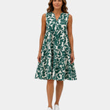 Green sleeveless V-neck leaf-print dress with tiered ruffle skirt