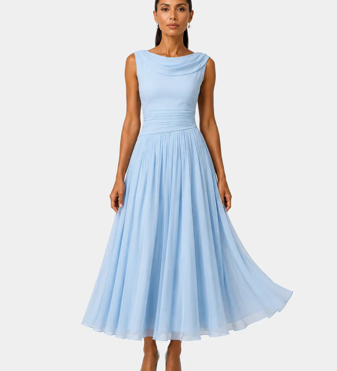 Odelinde sleeveless cowl-neck midi dress, light blue pleated midi skirt