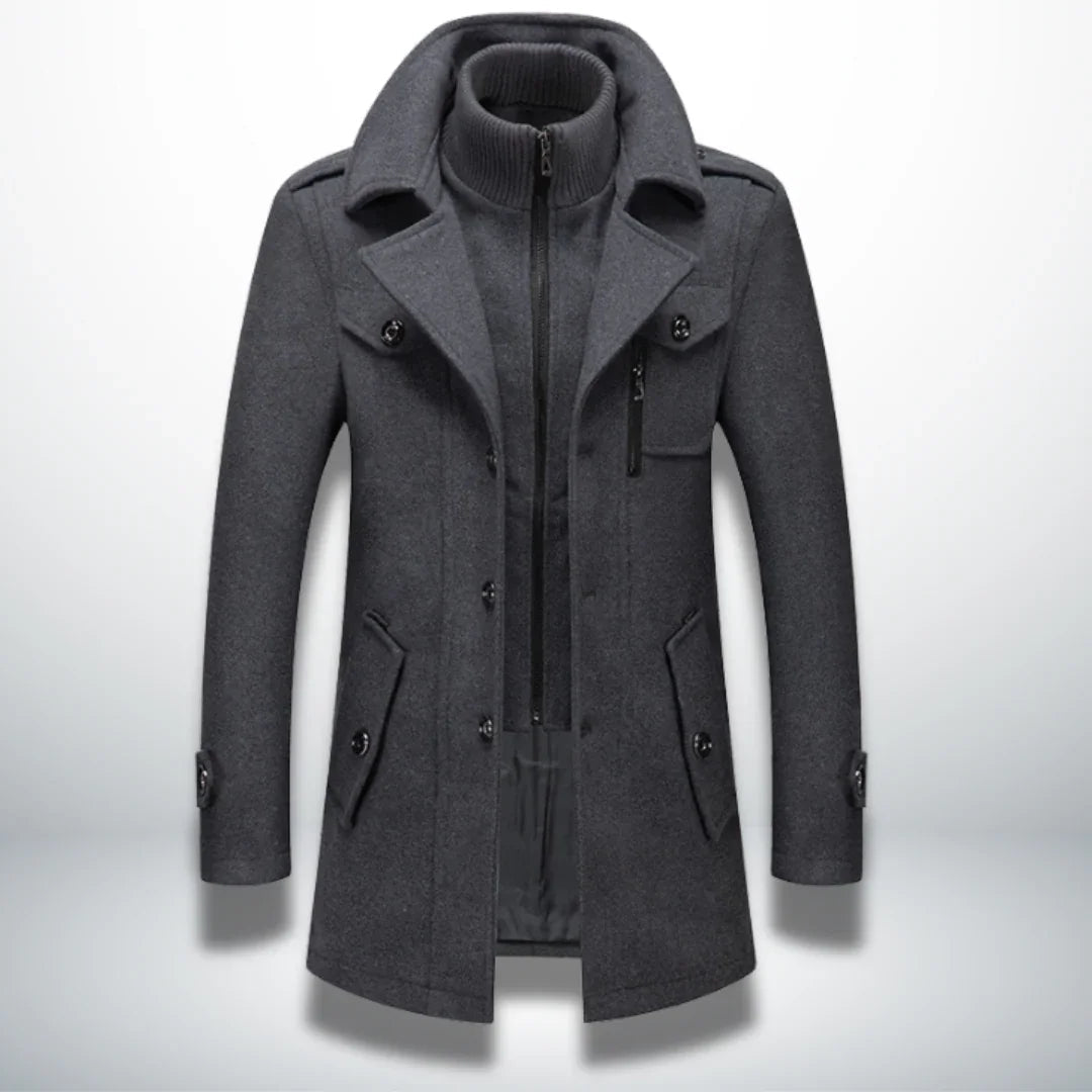 Gray winter coat with stand collar, zip front, and flap pockets.