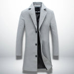 Men's light gray single-breasted coat with notched lapels and four-button front