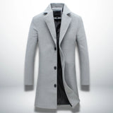 Men's light gray single-breasted coat with notched lapels and four-button front