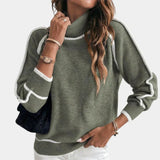 Olive high-neck sweater with ribbed collar and white trim at cuffs and hem